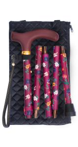 Folding Handbag Cane, claret floral, wallet