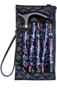 Folding Handbag Cane, black floral, wallet